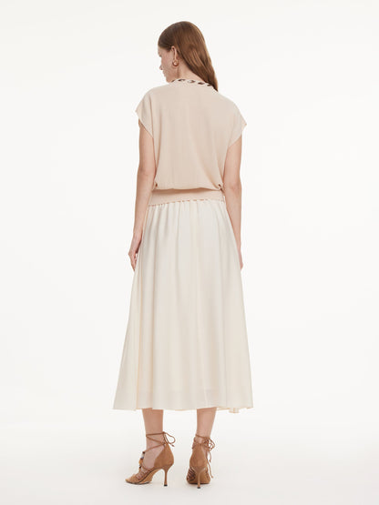 Pre-Order Silky Scarf Neck Knit Top And Acetate Blend Skirt Two-Piece Set