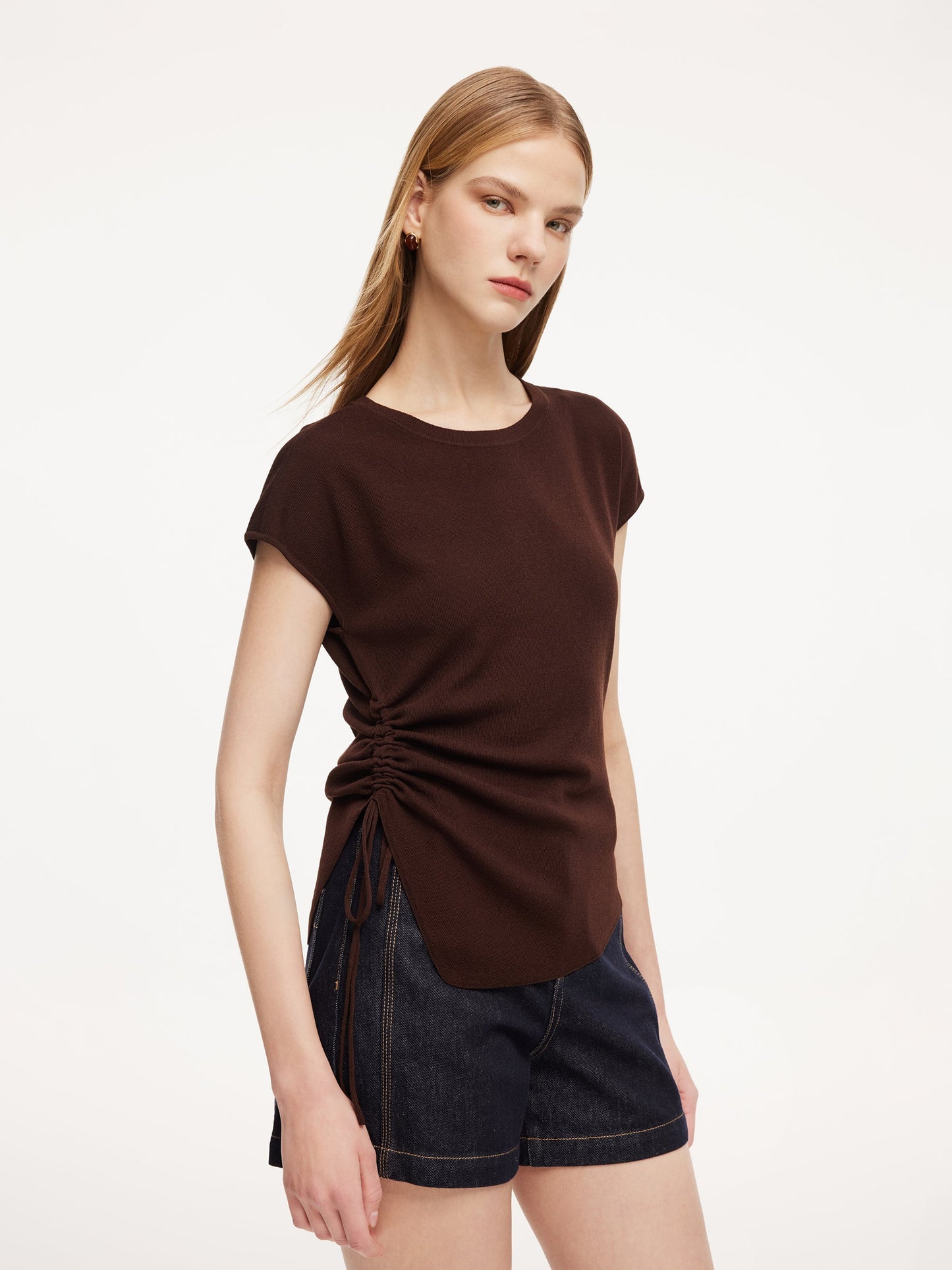Lyocell Blend Side Drawstring Women Asymmetric Knit Top