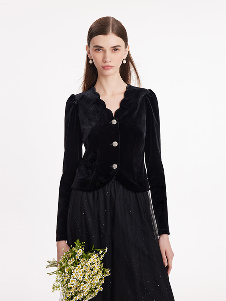Wave Cut V-Neck Velvet Top And Tulle Skirt Two-Piece Set