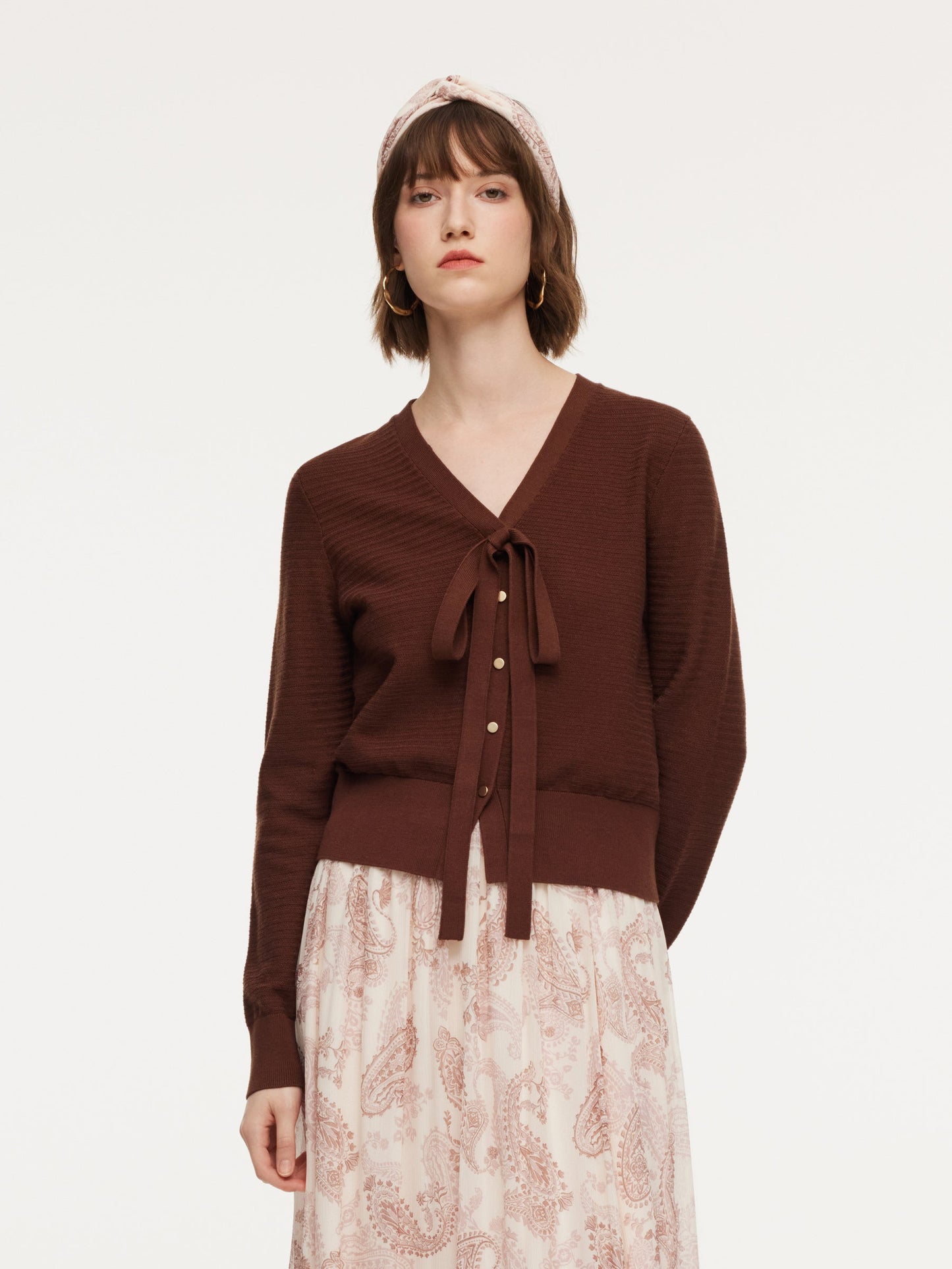 Tencel Wool Blend V-Neck Women Cardigan With Detachable Ribbon