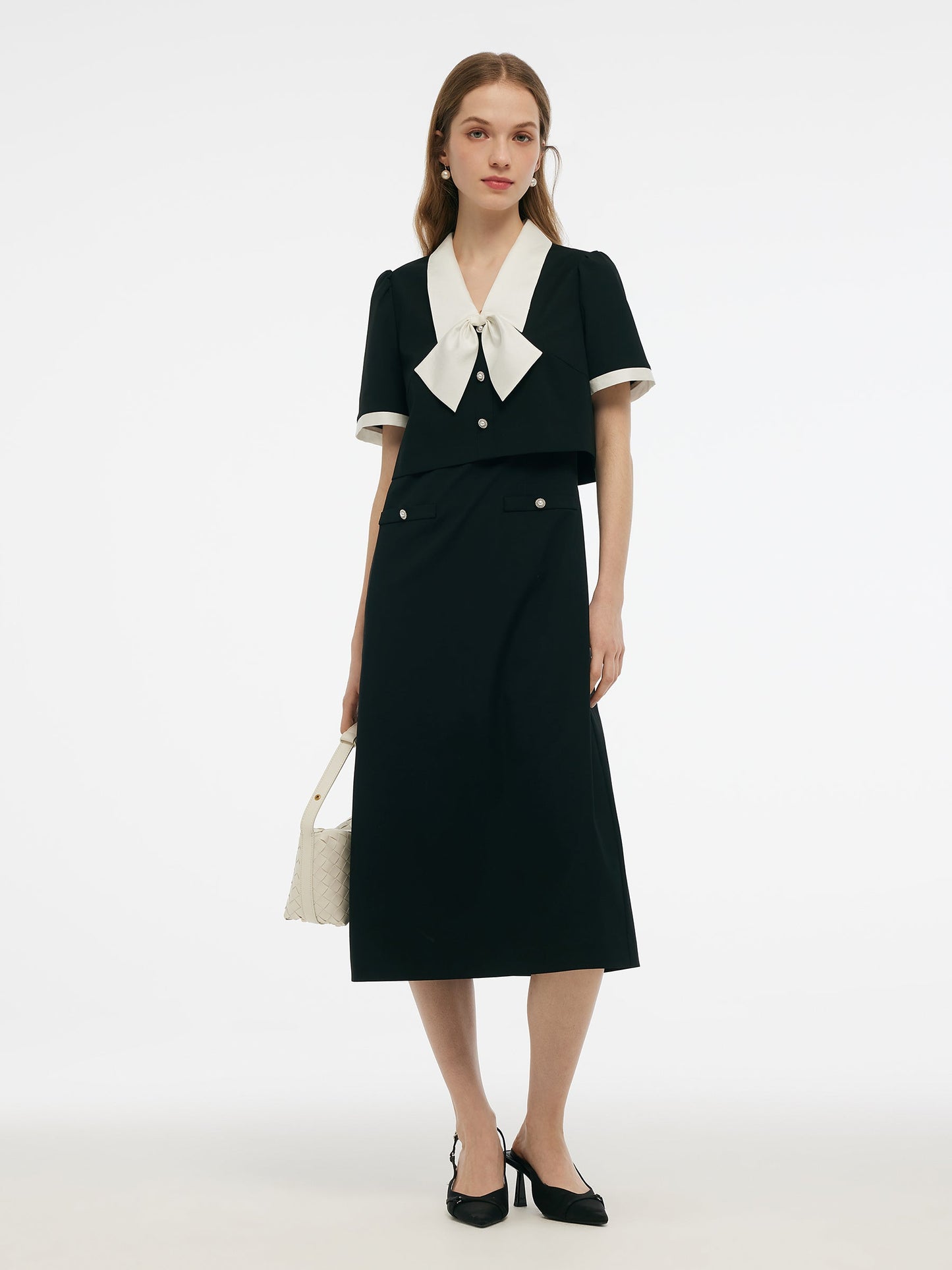 Faux Two-Piece Women Midi Dress With Detachable Bowknot