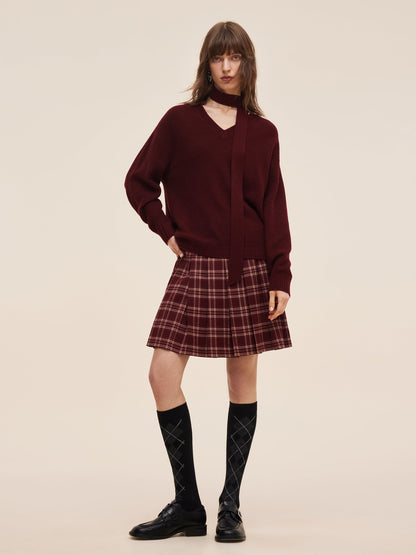 Wool Blend Women V-Neck Knit Top With Ribbon