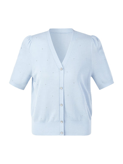 Tencel Wool Blend Rhinestone Women V-Neck Cardigan