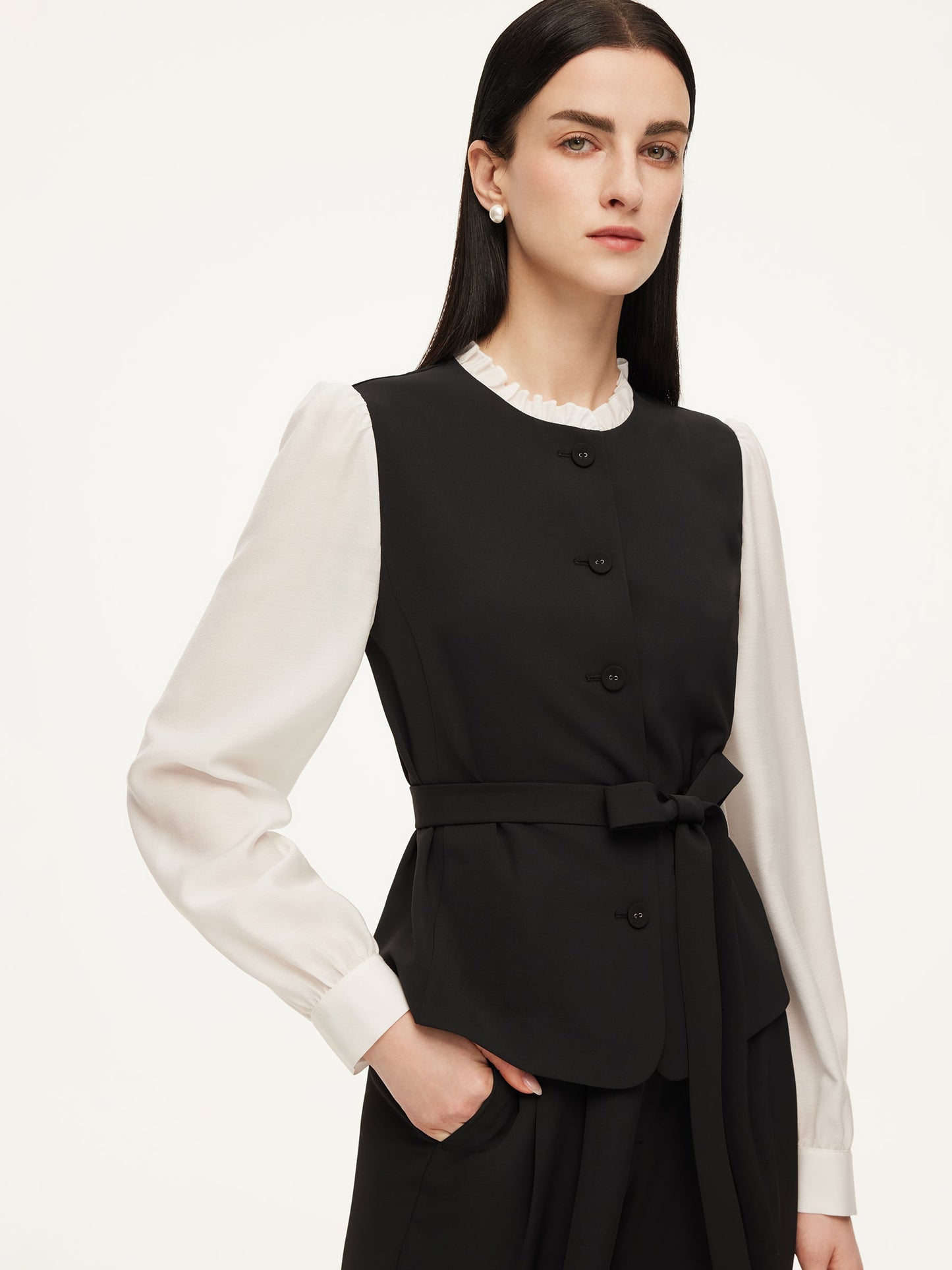 Four-Way Stretch Mock Layered Shirt And Pants Two-Piece Set With Self-Tie Belt