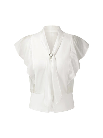 100% Cotton Ruffle Sleeve Women Blouse With Detachable Scarf Buckle
