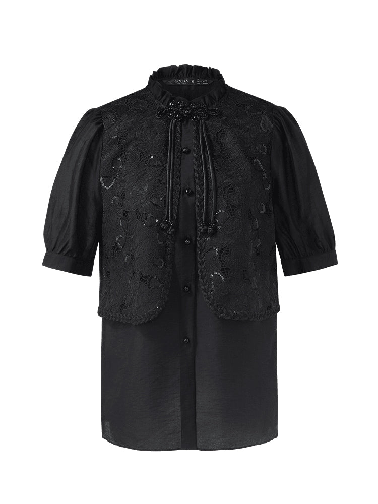 New Chinese-Style Lace Sequins Patchwork Women Blouse