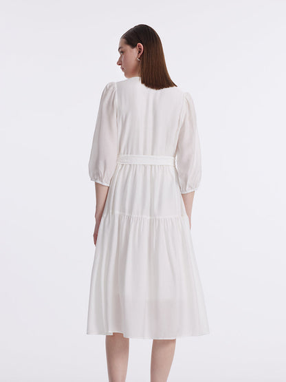 White V-Neck Gathered Waist Midi Dress