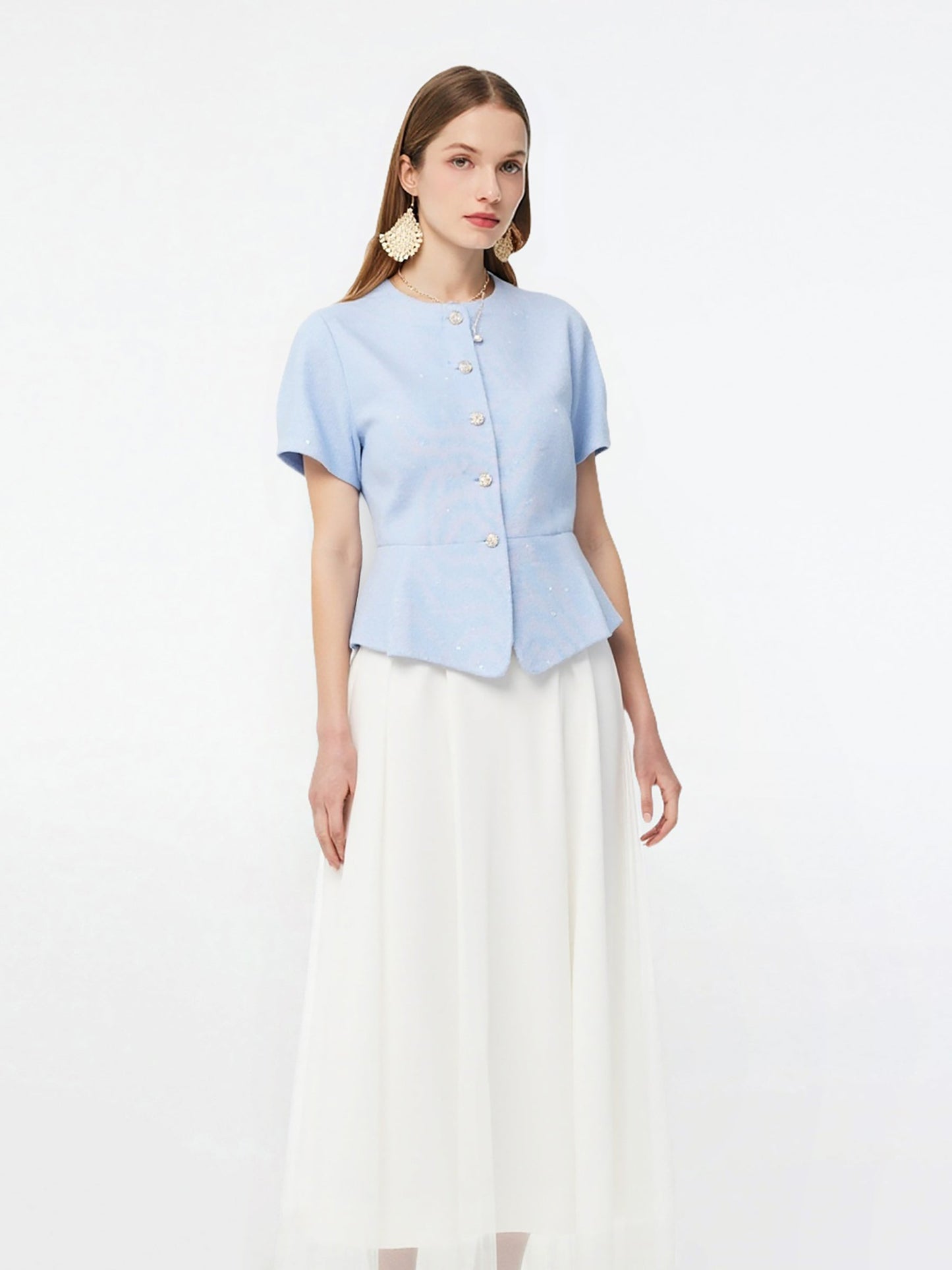 Acetate Blend Tweed Sequins Crop Jacket And Mesh Skirt Two-Piece Set