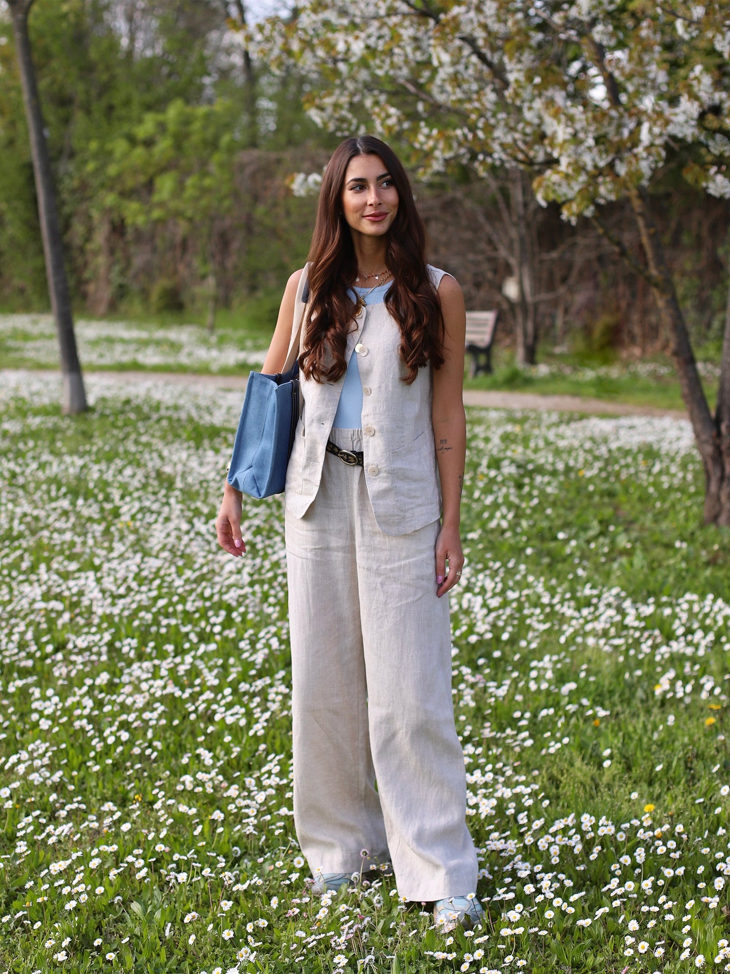100% Linen Vest And Pants Two-Piece Set