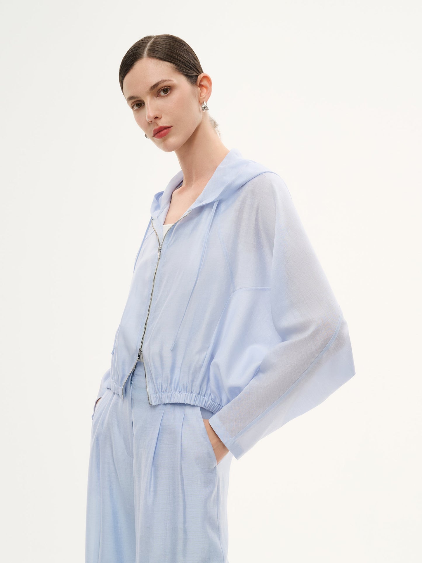 Tencel Acetate Linen Blend Women Zip-Up Hooded Cropped Jacket