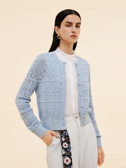 Cotton Openwork Women Round Neck Cardigan