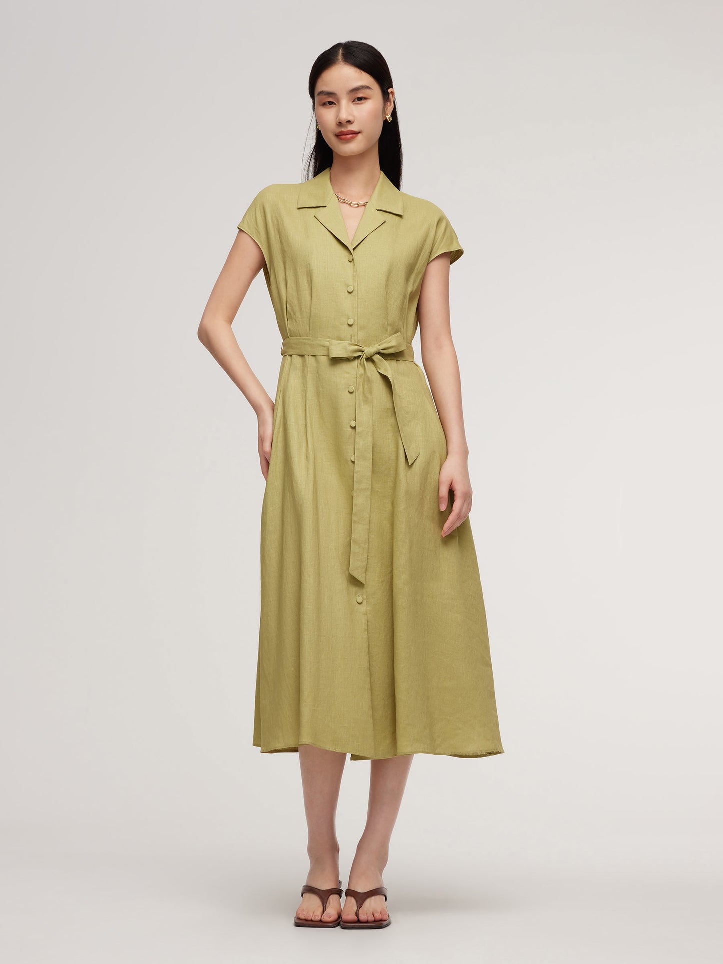 100% Linen Gathered Waist Women Self-Tie Belt Maxi Dress