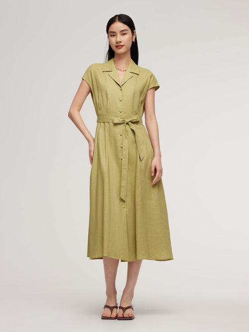 100% Linen Gathered Waist Women Self-Tie Belt Maxi Dress