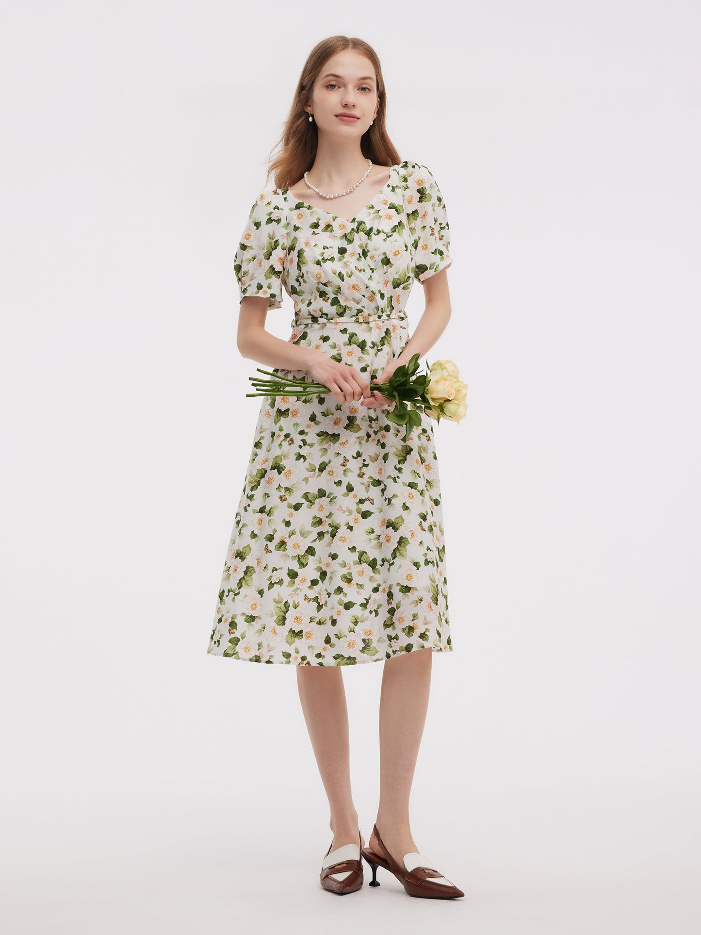 Acetate Blend Floral Print Women V-Neck Midi Dress With Belt