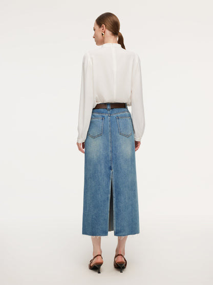 Lyocell Cotton Blend Denim Frayed Hem Women Skirt With Belt