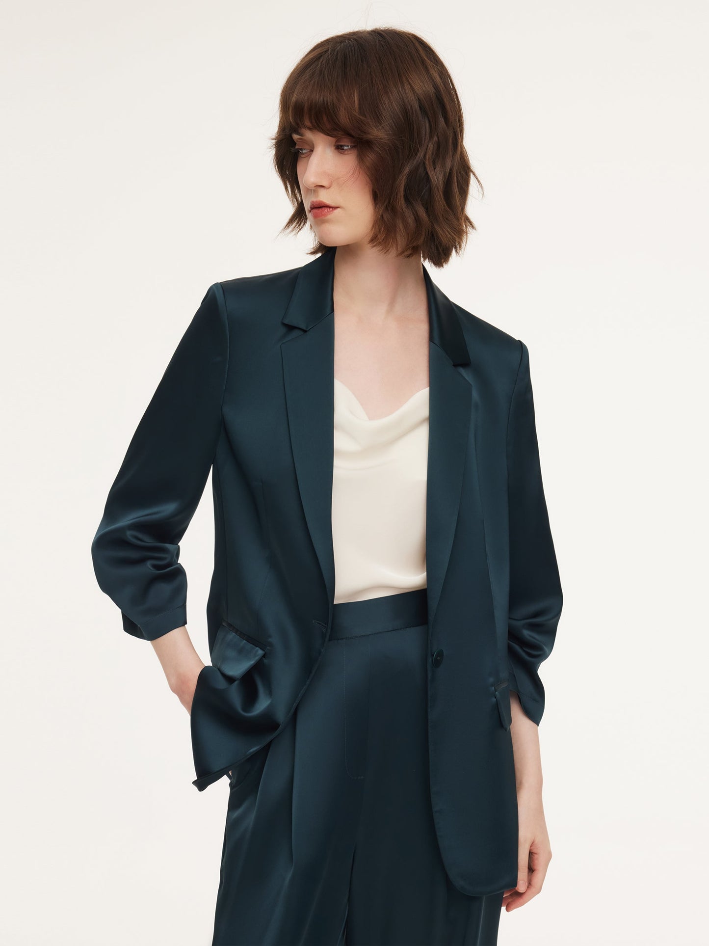 Triacetate Blend Ruched Sleeve Women Blazer