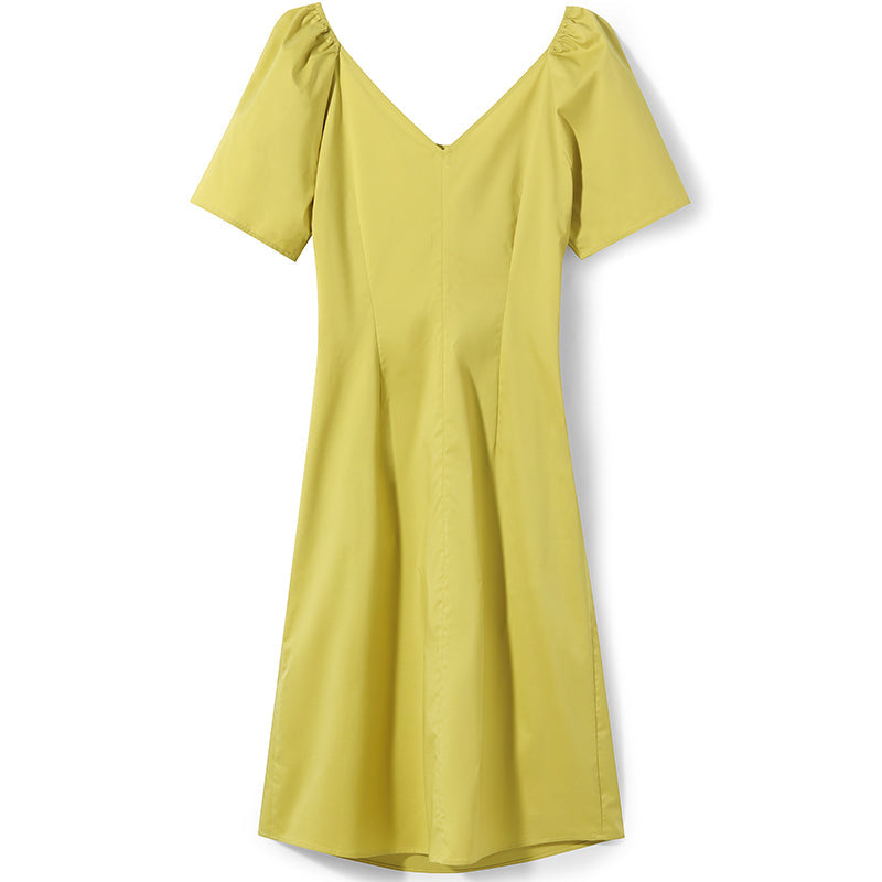 Puff Sleeve Gathered Pleated Midi Dress