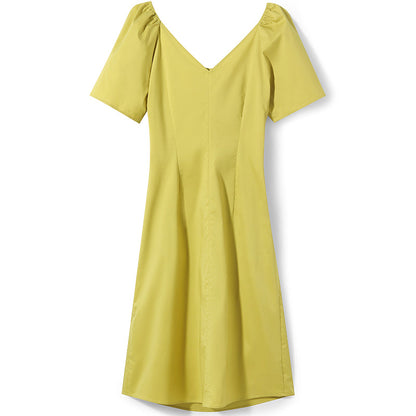 Puff Sleeve Gathered Pleated Midi Dress
