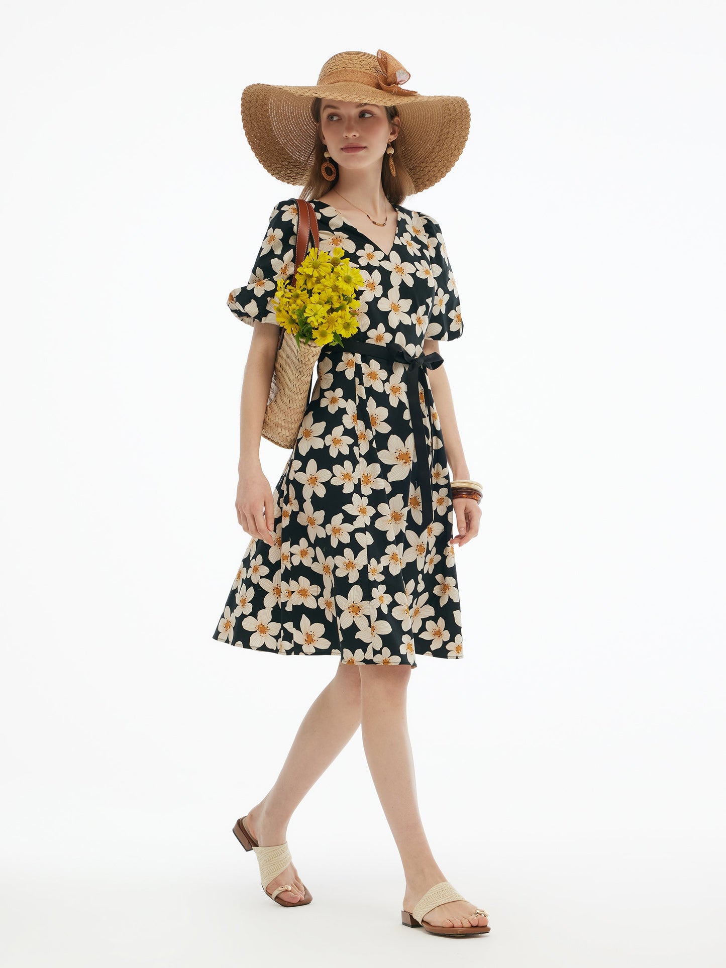 Cotton Stretch Floral Print Women Tie Belt Midi Dress