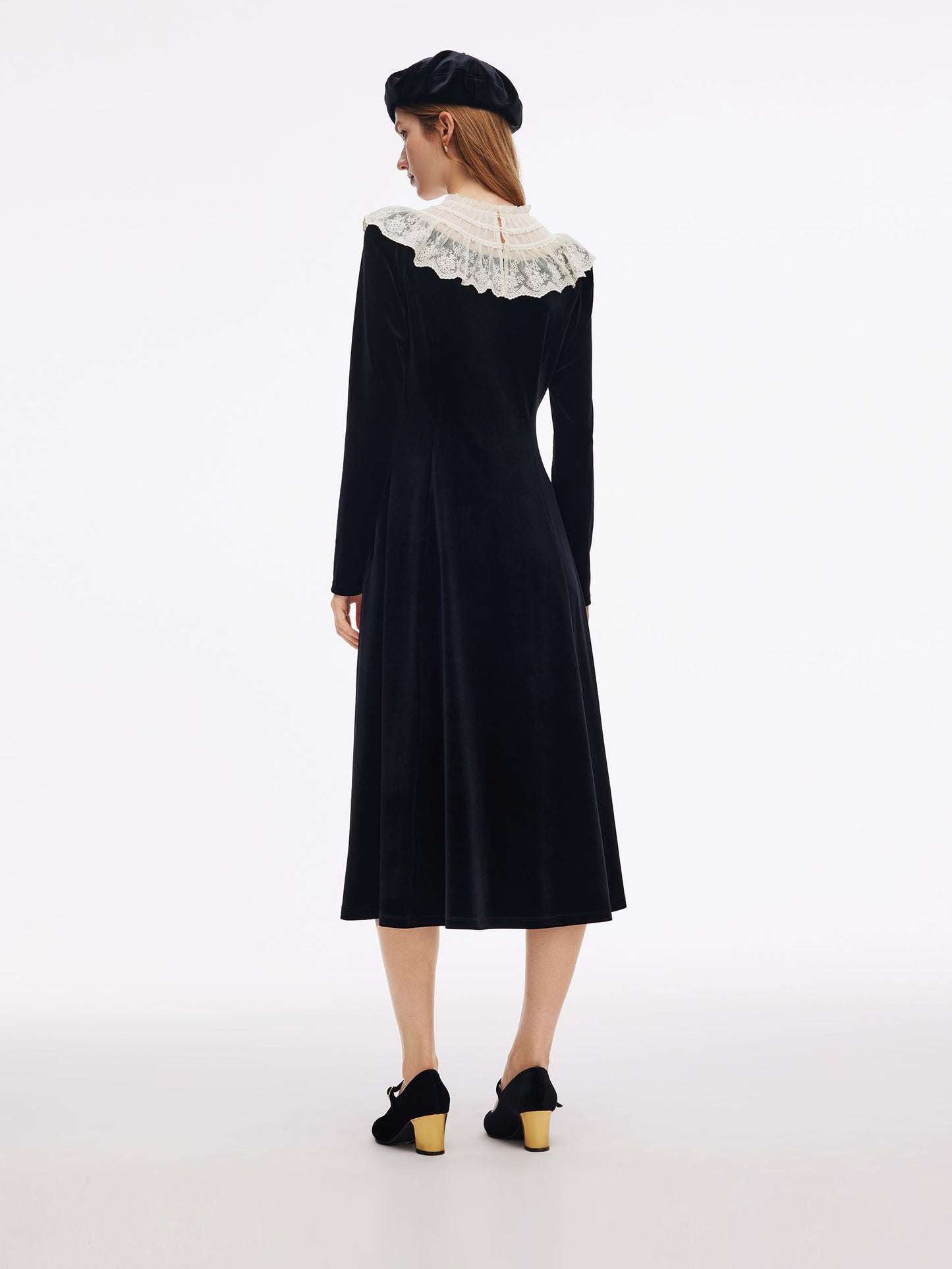 Velvet Sheer Lace Collar Women Midi Dress With Beret
