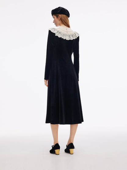 Velvet Sheer Lace Collar Women Midi Dress With Beret