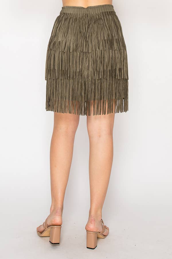 Origami - Olive Knee Length Layered Fringe Tiered Skirt