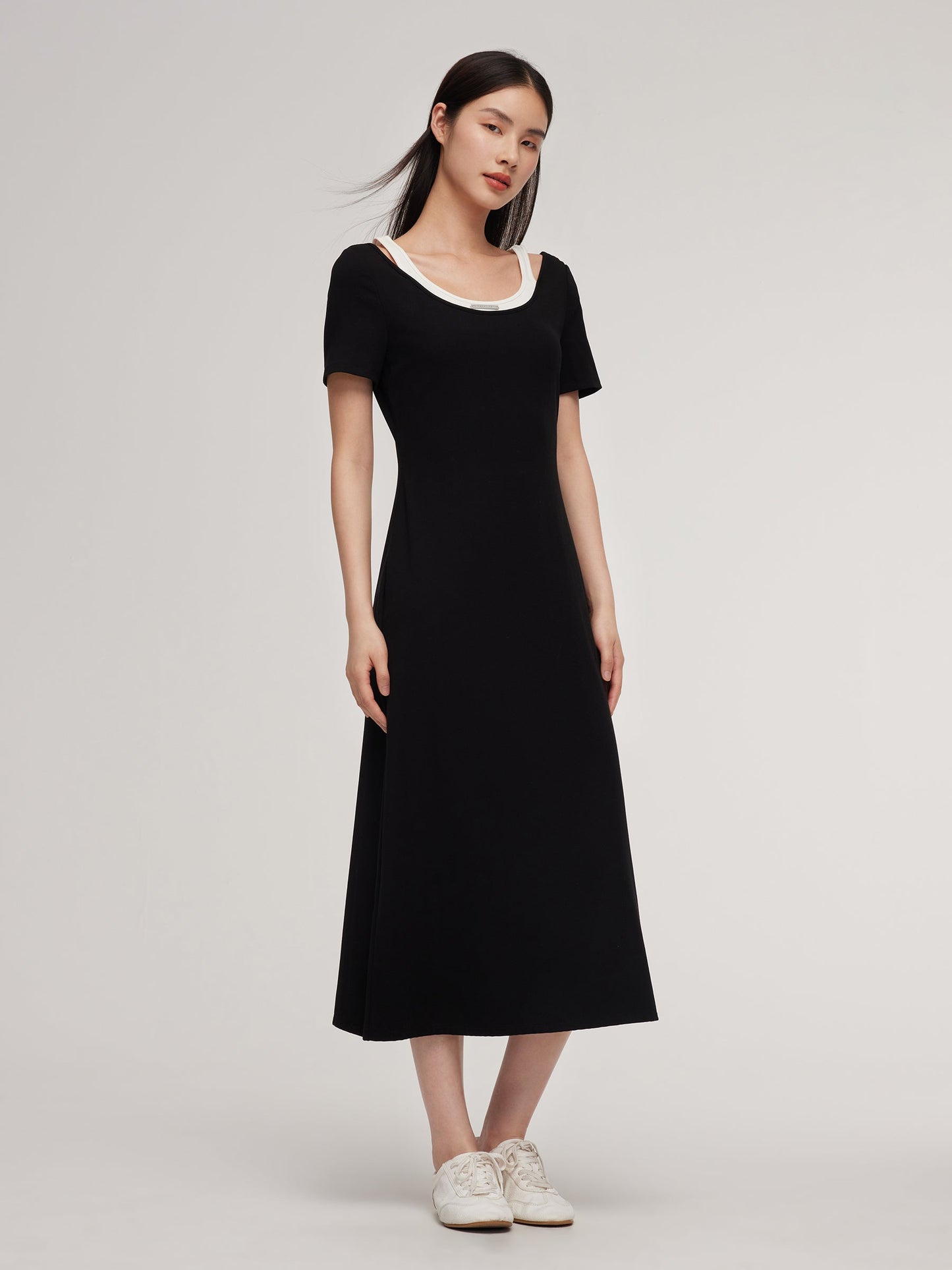 Pre-Order Faux Two-Piece Patchwork Slim Fit Women T-Shirt Maxi Dress