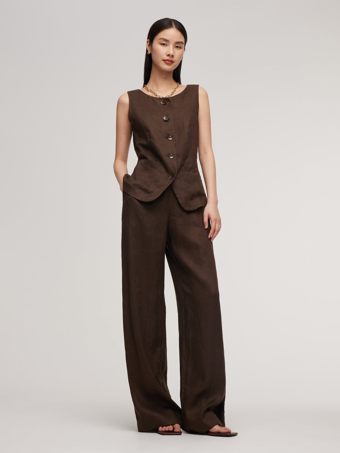 100% Linen Vest And Pants Two-Piece Set