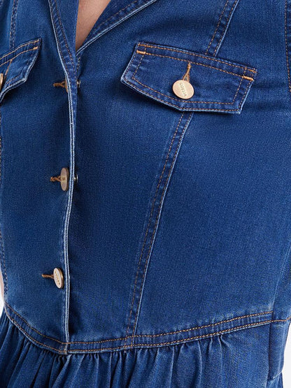 V-neck Gathered Waist Denim Midi Collared Dress