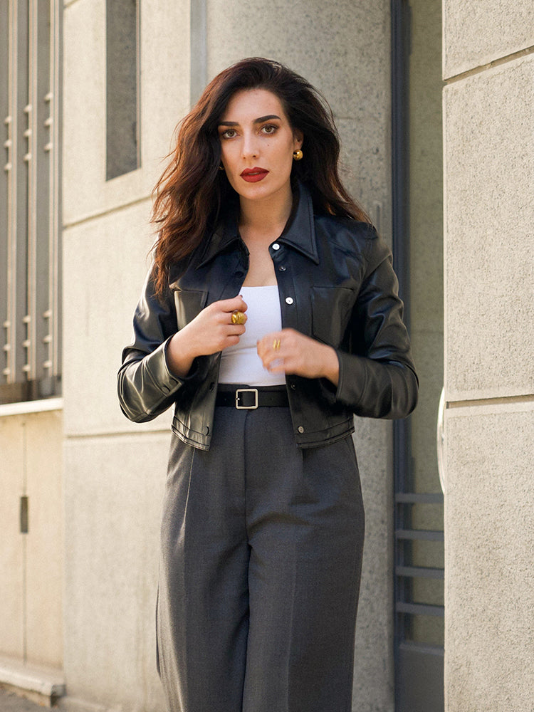 PU Leather Lapel Double-Breasted Women Jacket