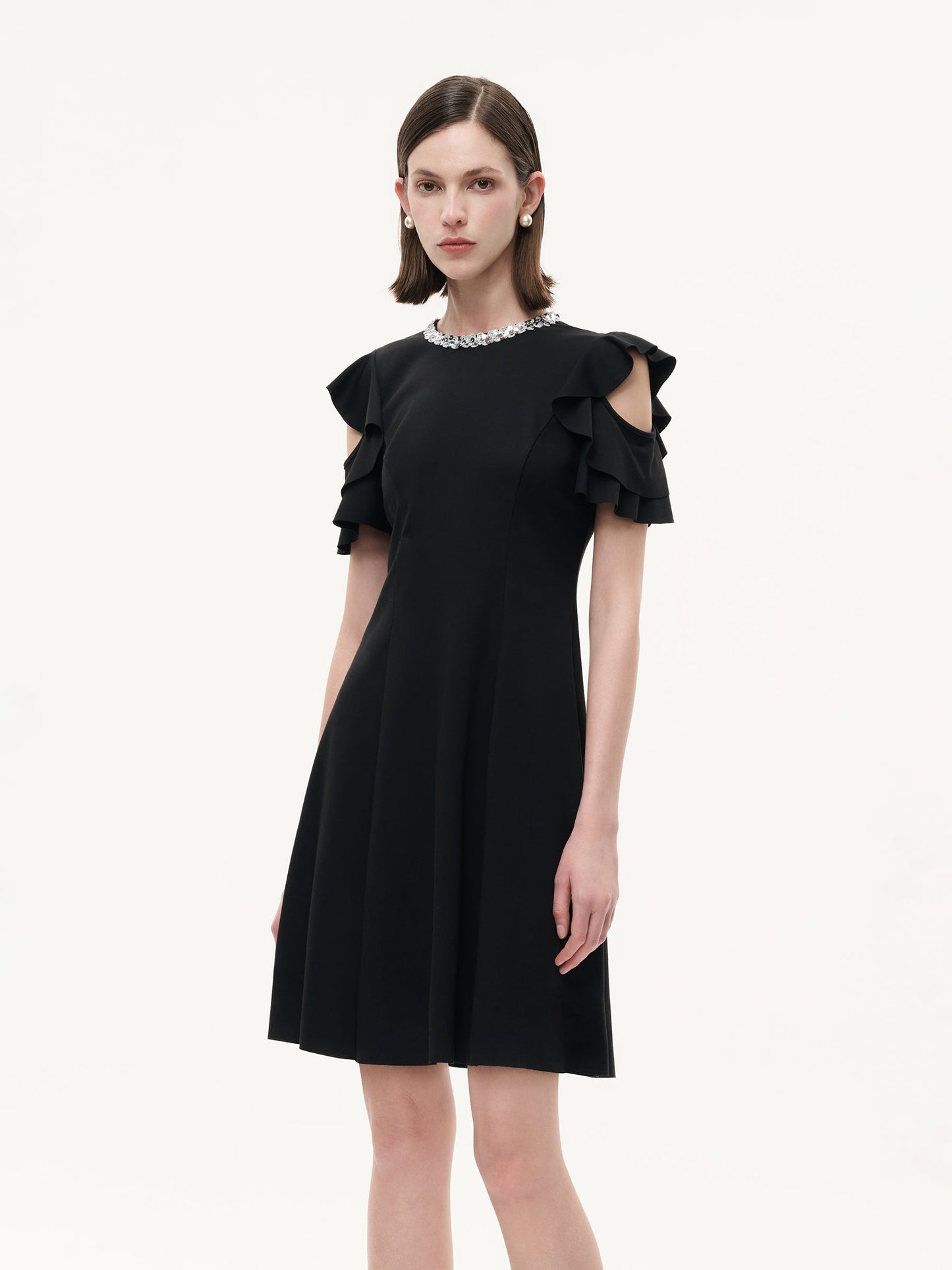 Ruffle Cold Shoulder Women Knit Mini Dress