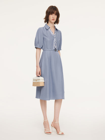 Acetate Tencel Linen Blend Women Midi Dress With Silk Scarf And Belt