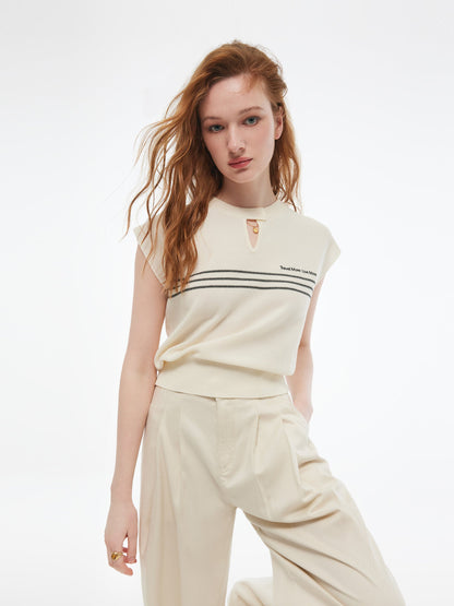 Tencel Blend Stripe Letter Print Women Cap Sleeve Knit Top