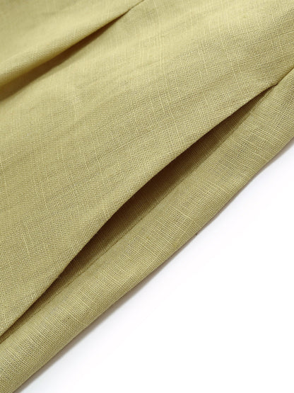 100% Linen Gathered Waist Women Self-Tie Belt Maxi Dress