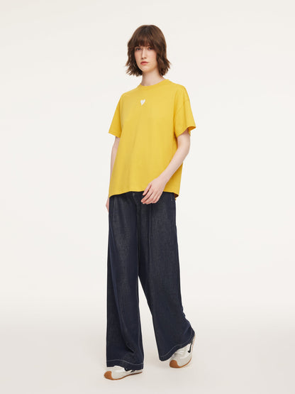 Asymmetrical Hem Heart Decorated Women T-Shirt