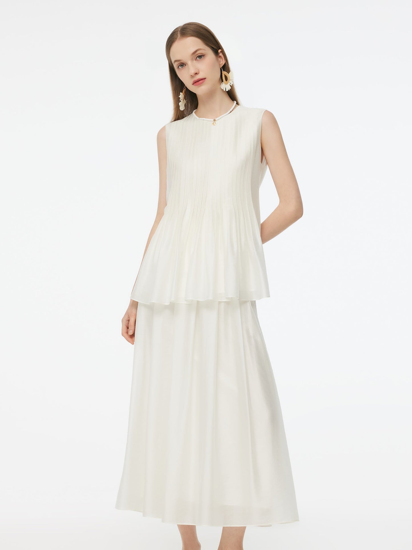 Tencel Blend Pleated Tank Top And Skirt Two-Piece Set