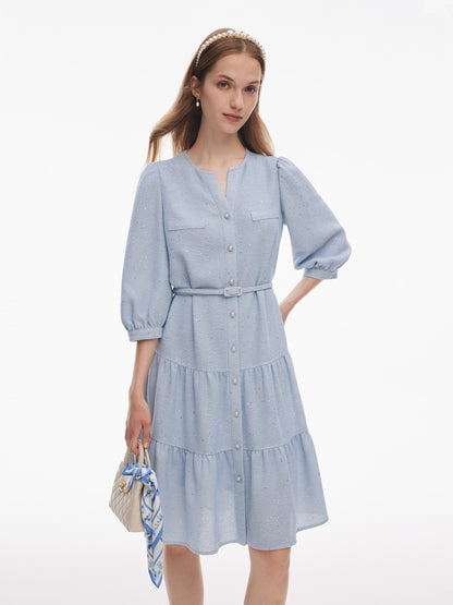 Acetate Blend Tweed Sequins Women Midi Dress With Belt