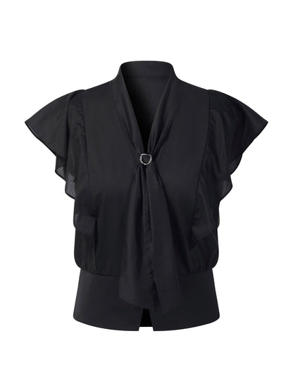 Lyocell Blend Ruffle Sleeve Women Blouse With Detachable Scarf Buckle