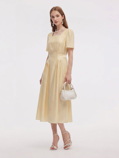 Pre-Order Tencel Blend Square Neck Women Gather-Waisted Maxi Dress