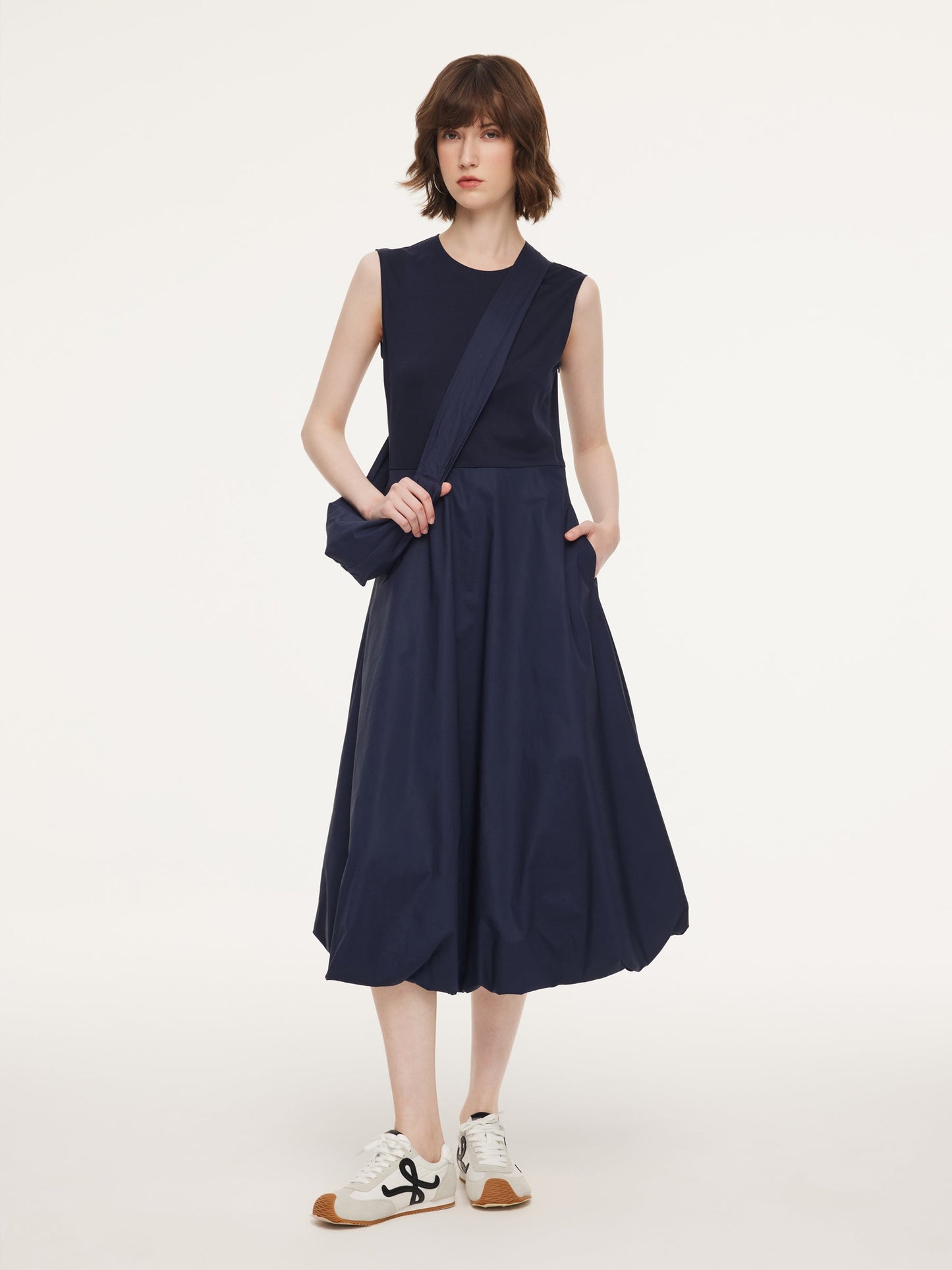 Dark Navy Bubble Hem Women Sleeveless Maxi Dress With Bag