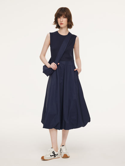 Dark Navy Bubble Hem Women Sleeveless Maxi Dress With Bag