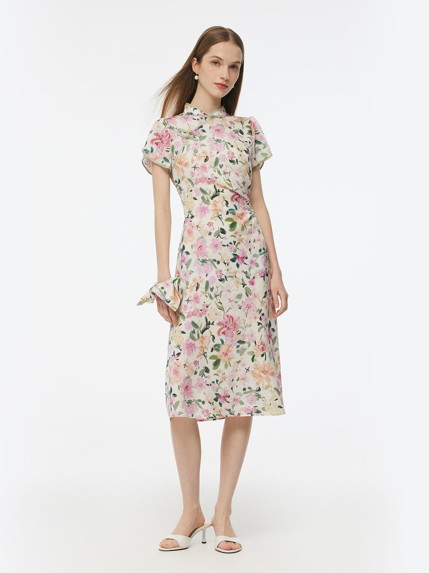 19MM Mulberry Silk Floral Print Side Twist Women Qipao Midi Dress