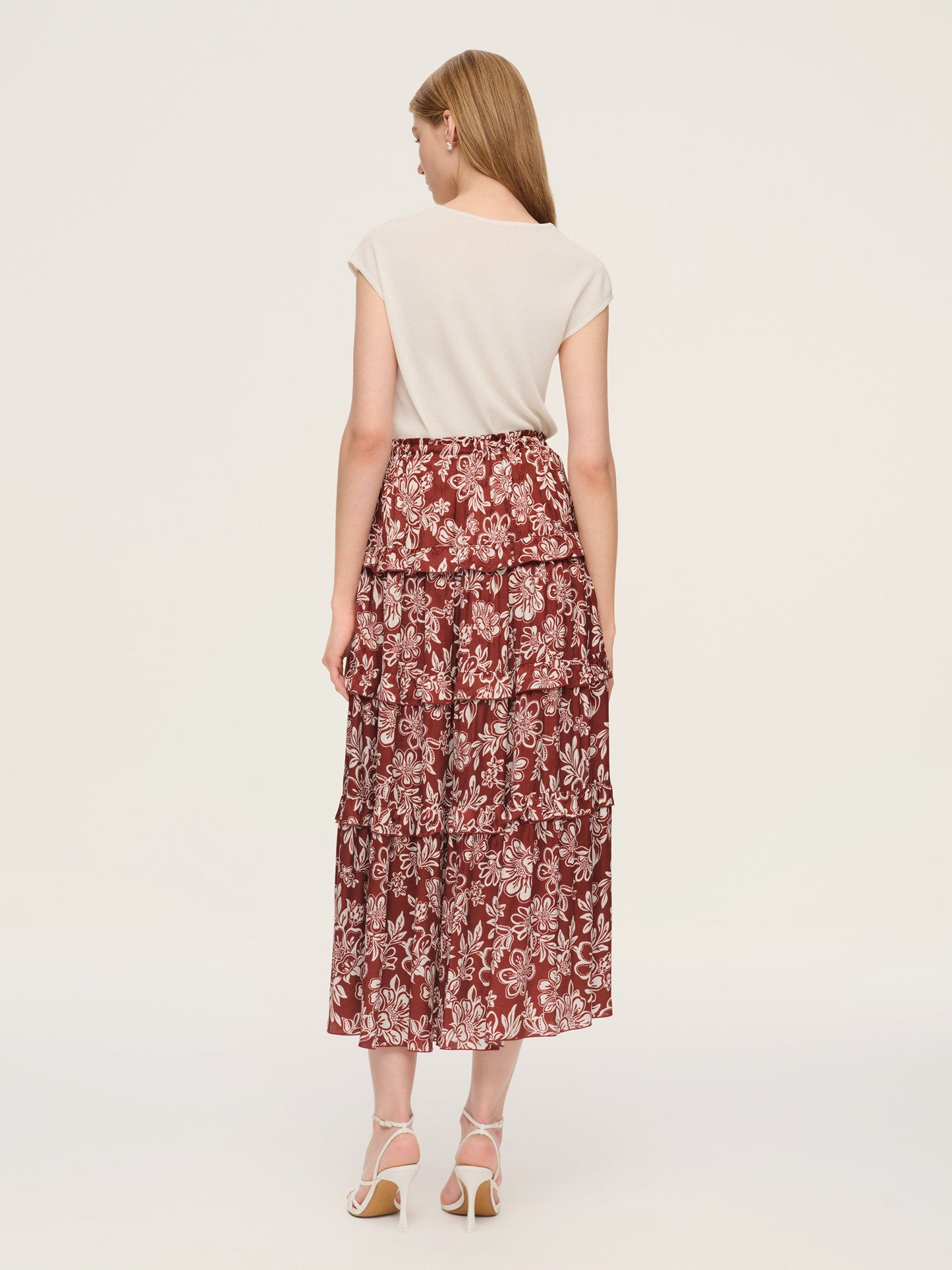 Cap Sleeve Knit Top And Marigold Floral Print Tiered Skirt Two-Piece Set With Silky Scarf