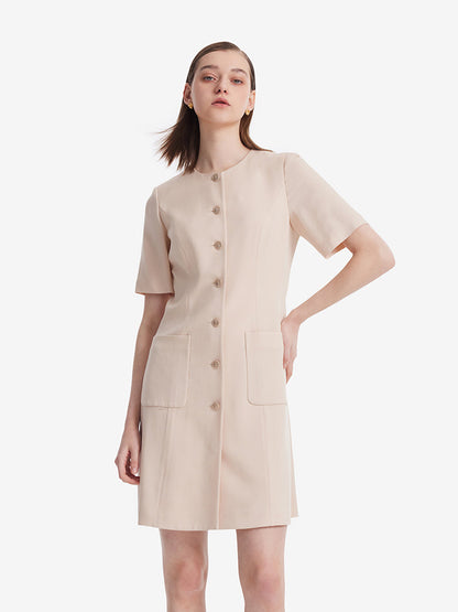 Acetate Single-Breasted Women Mini Dress With Detachable Lace Collar