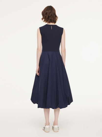 Dark Navy Bubble Hem Women Sleeveless Maxi Dress With Bag