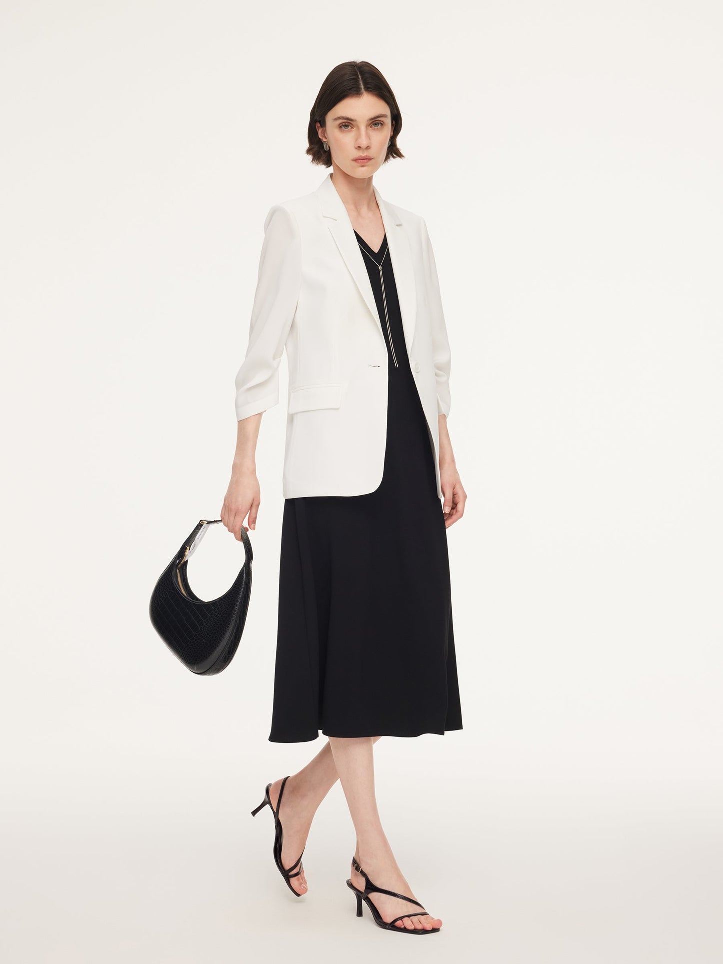 Triacetate Blend One Button Women Ruched Sleeve Blazer