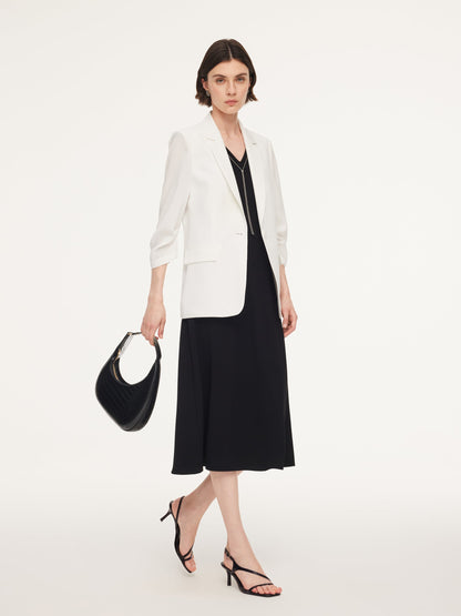 Triacetate Blend One Button Women Ruched Sleeve Blazer
