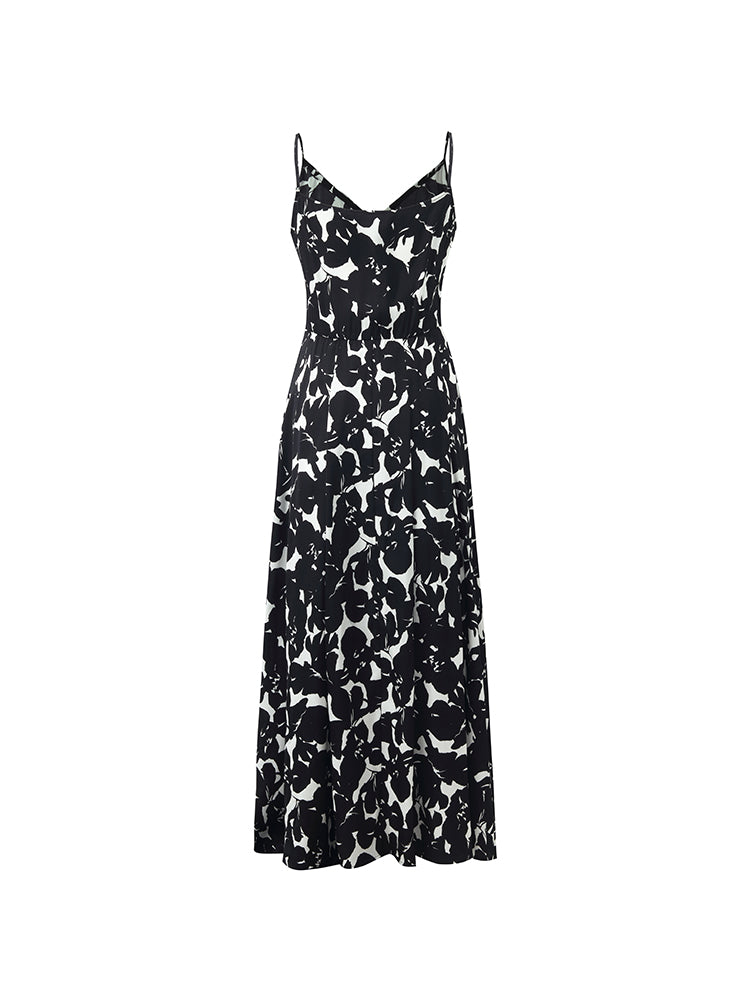 19 Momme Mulberry Silk Iris Print Women Maxi Spaghetti Strap Dress With Scrunchie