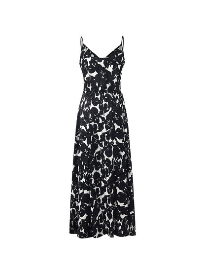 19 Momme Mulberry Silk Iris Print Women Maxi Spaghetti Strap Dress With Scrunchie