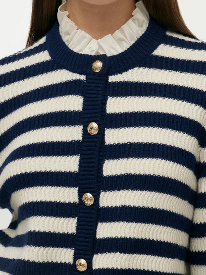 Blue And White Stripe Women Cardigan With Detachable Ruffle Collar